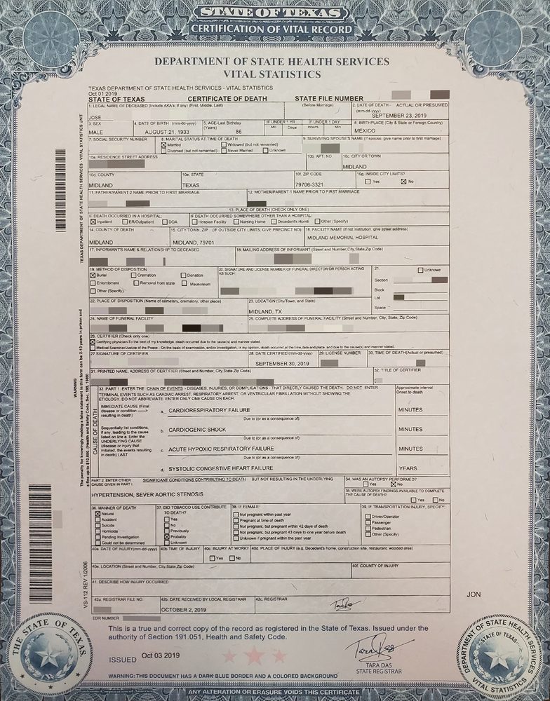Photo of Birth Certificate Texas